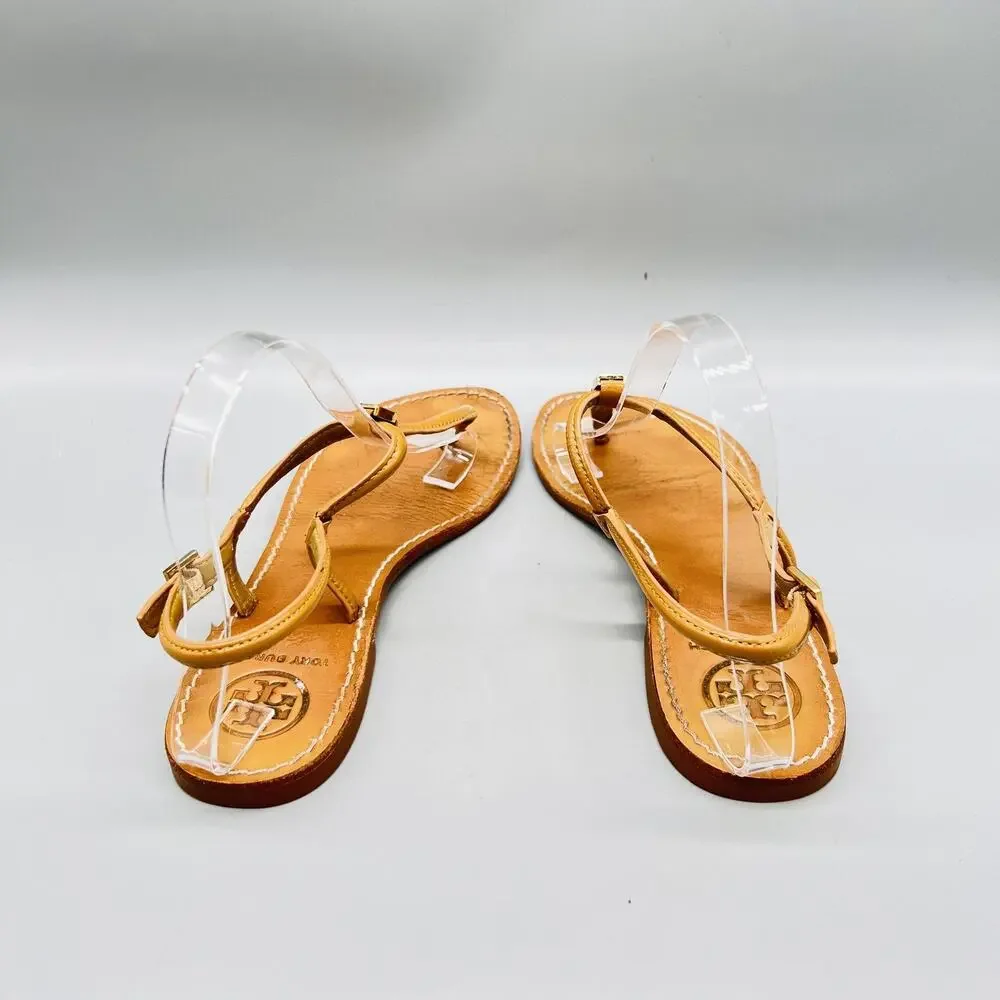 Tory Burch Sandals Womens 7 Beige Leather Thong Ankle Strap Logo Flat Shoes